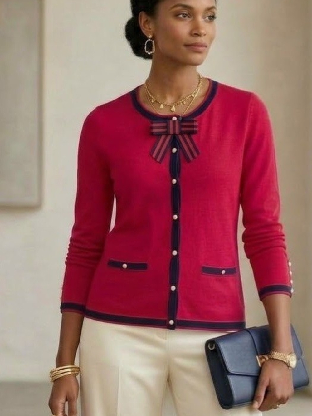 Talbots Red Navy Trim Pearl Button Bow Cardigan M Cashmere Blend, M